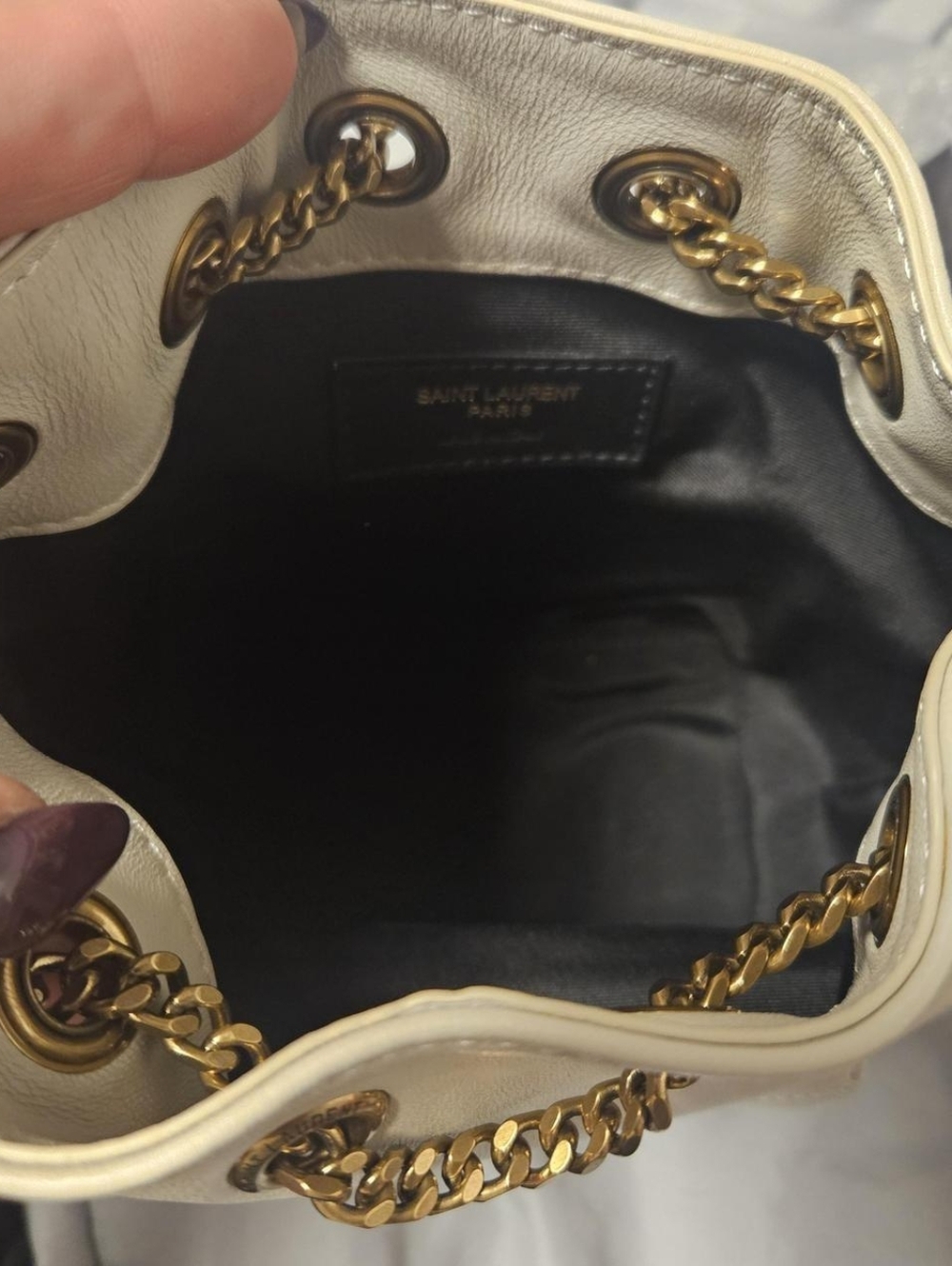 Saint Laurent Cream Quilted Mini Drawstring Bag with Gold Chain Strap - Picture 3 of 7